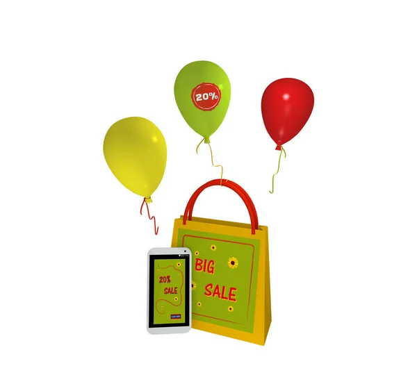 Summery shopping bag with balloons and a mobile phone with sale 20% — Stock fotografie