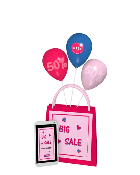 Pink shopping bag with balloons and a mobile phone with sale 50% — Stock fotografie