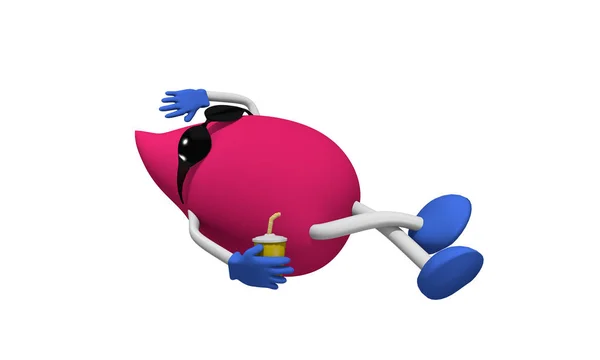Grappig 3D-karakter in roze met zonnebril en drank. — Stockfoto