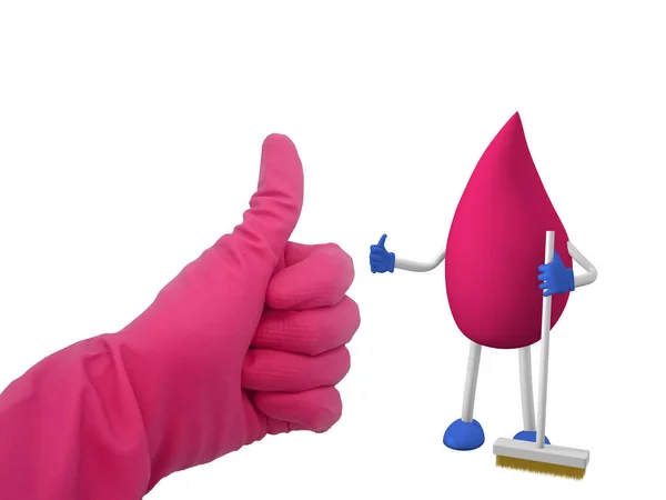 Z miotłą w postaci 3D pokazuje znak ok do ręki w gumowej rękawicy — Zdjęcie stockowe