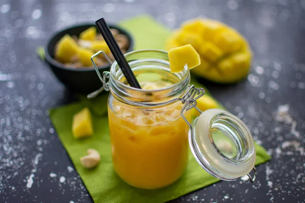 Delicious Smoothie Mango Jar Straw Crushed Ice Blurred Background Muesli — Stock Photo, Image