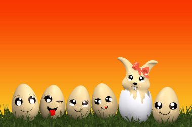 Komik paskalya yumurtalı şirin Kawaii Paskalya tavşanı. 3d oluşturma
