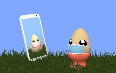 Yüz maskeli şirin Kawaii Paskalya yumurtası kız arkadaşıyla görüntülü sohbet ediyor. 3d oluşturma 