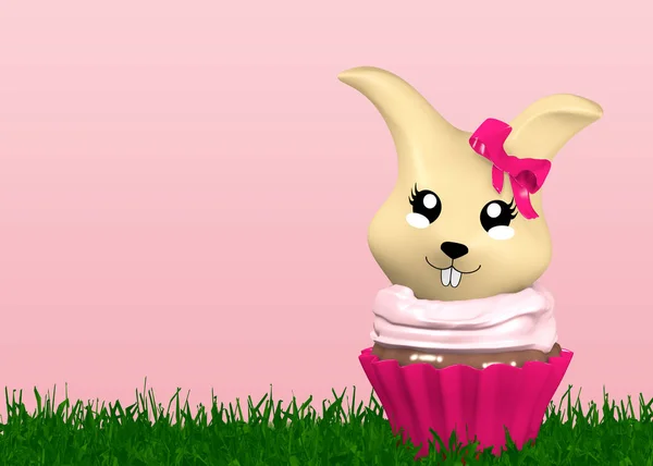 可爱的Kawaiian复活节兔子在一个纸杯蛋糕 3D渲染 — 图库照片