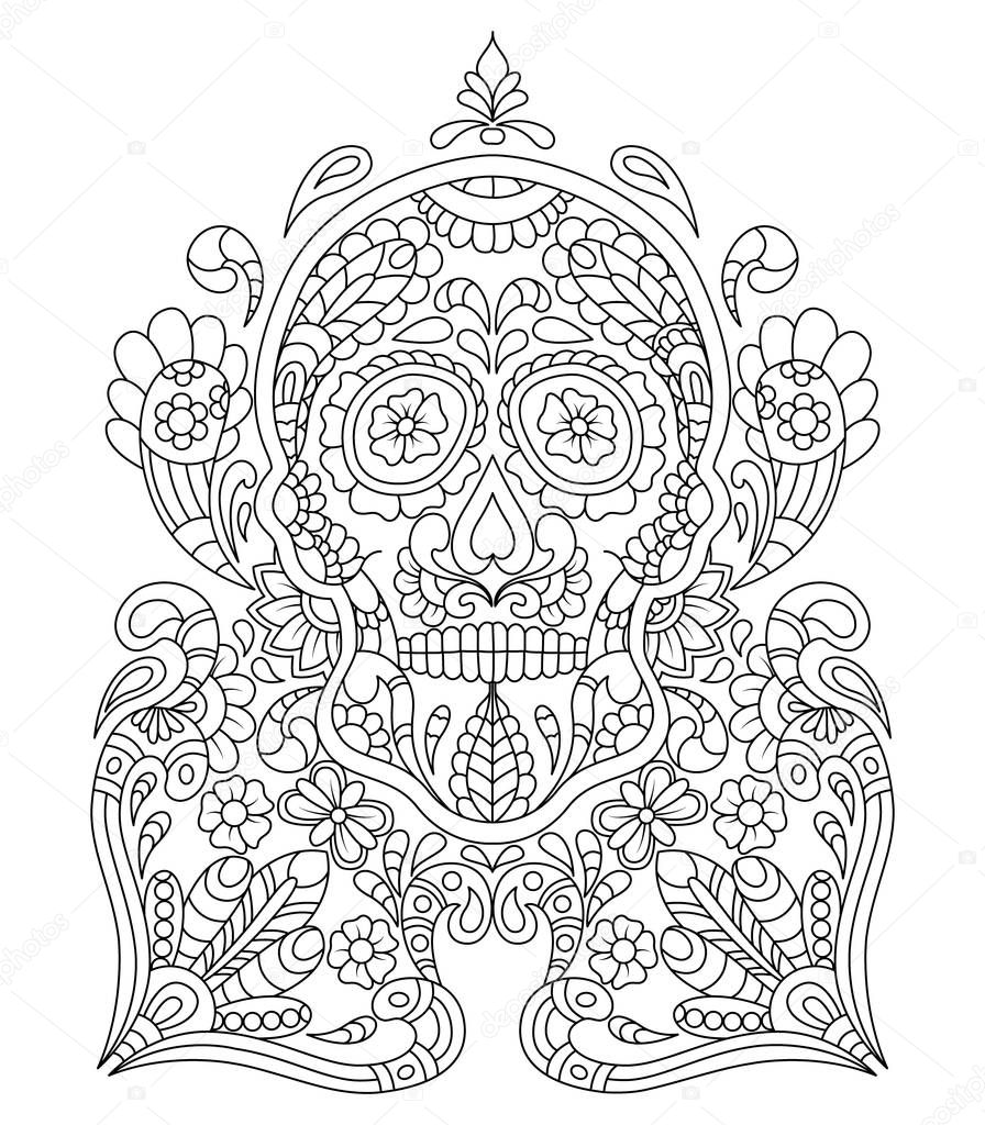 hand drawn mexican sugar skull with pattern on the face as isolated vector file
