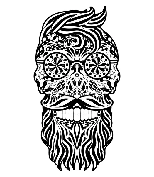 Crâne Mexicain Sucre Noir Blanc Avec Cheveux Moustache Étiquette Éléments Vecteur En Vente