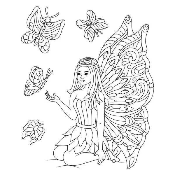 Papillons Dessinés Main Avec Belle Fée Pour Page Coloriage Stress — Image vectorielle