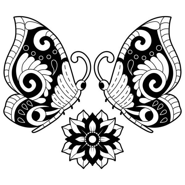 Mariposas Dibujadas Mano Blanco Negro Con Flores Elementos Diseño Etiqueta — Archivo Imágenes Vectoriales