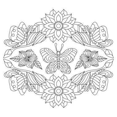 El sayfa boyama anti stres için çiçeklerle kelebekler çekilmiş. Tasarım öğeleri etiket, amblem, afiş, t-shirt. Vektör çizim