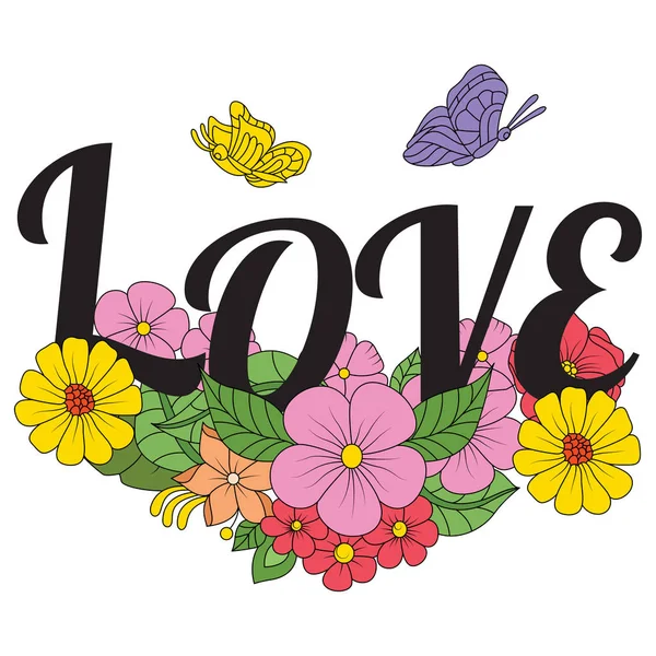 Kézzel Rajzolt Színes Pillangók Virágok Szeretet Szöveget Design Elemek Címke — Stock Vector