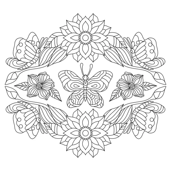 Hand Drawn Butterflies Flowers Stress Coloring Page Design Elements Label — Stock Vector