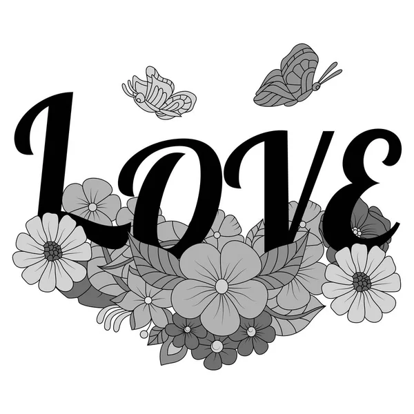 手绘灰色蝴蝶与鲜花和爱情文本 设计元素标签 T恤衫 矢量插图 — 图库矢量图片
