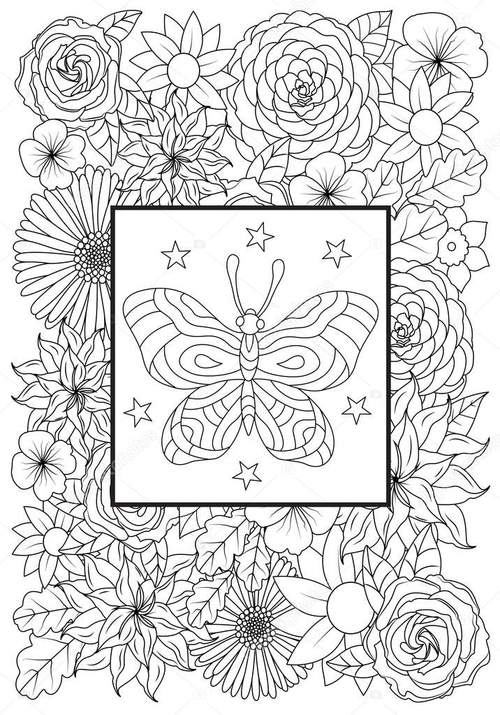 Hand drawn butterflies With flowers for the anti stress coloring page. Design elements label, emblem, poster, t-shirt. Vector illustration