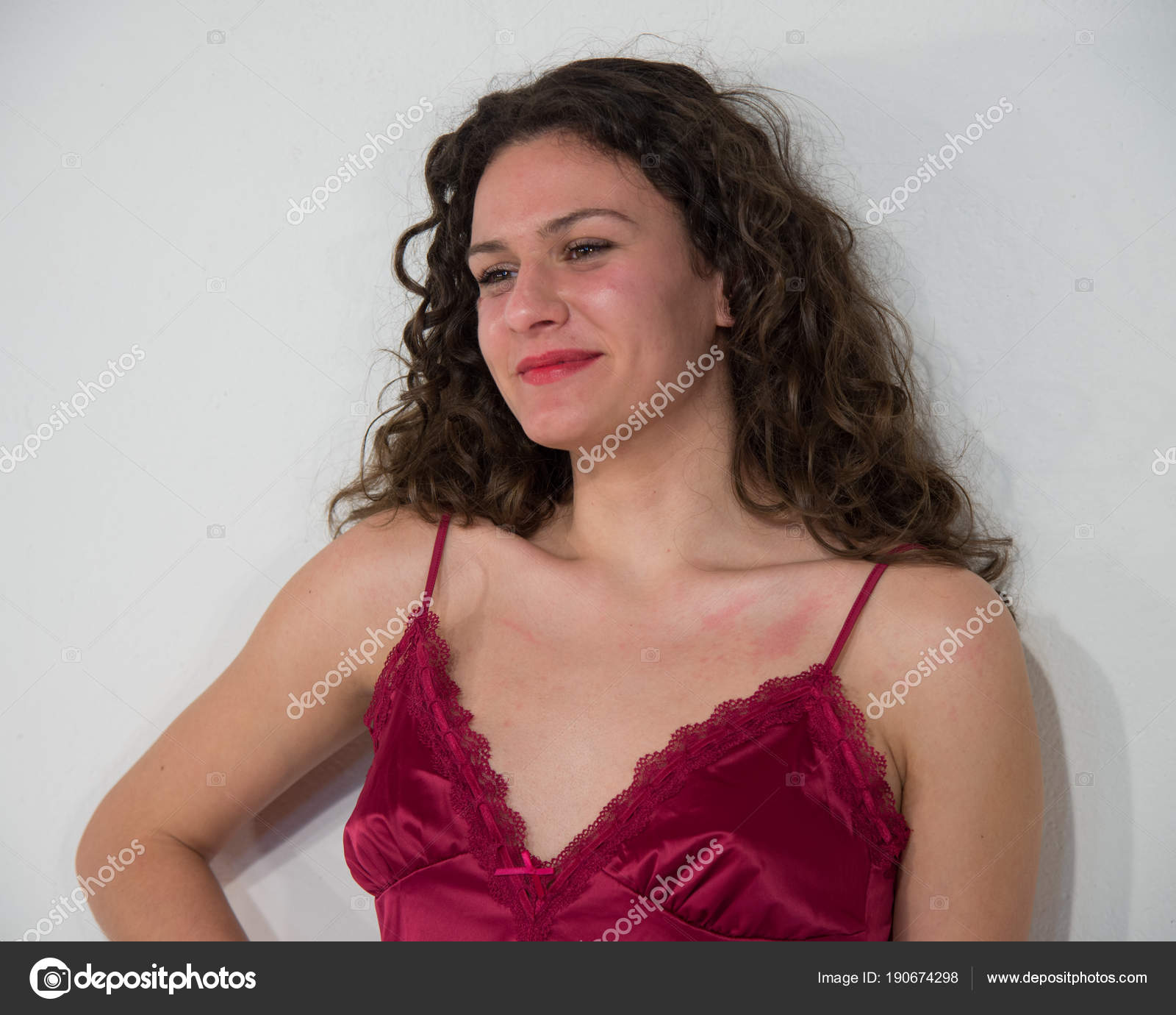 Beautiful Brunette Girl Long Wavy Hair Red Petticoat White