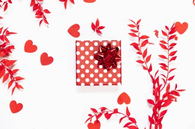 Beyaz arka planda kırmızı yapraklı çerçeve. Düz yatış, üst görünüm