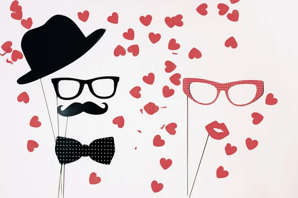 Top view Valentines day background with funny photo booths props