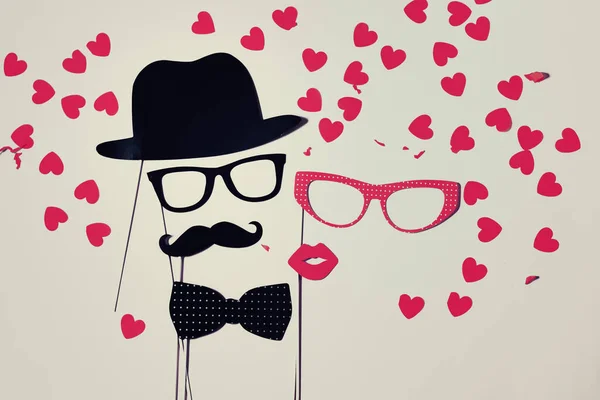 Top view Valentines day background with funny photo booths props — 图库照片