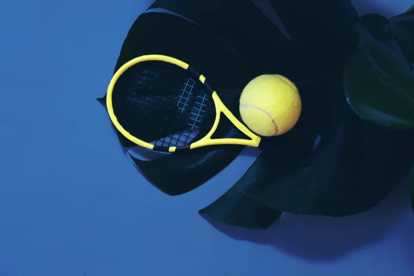 Tenisz elrendezés teniszlabdákkal és trópusi levelekkel — Stock Fotó