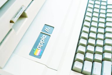 Vintage tone close-up Apple II logo on vintage keyboard Apple Computer, Inc clipart