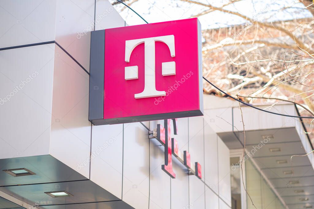 Tirana, Albania. February 2020: Logo of T-Mobile on the store. T-Mobile is the brand name Deutsche Telekom, founded at 1999.