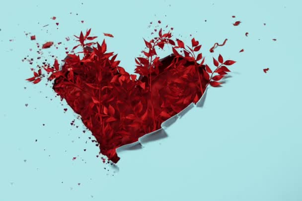 Valentim coração vermelho ramos com folhas pintadas no buraco de papel — Vídeo de Stock