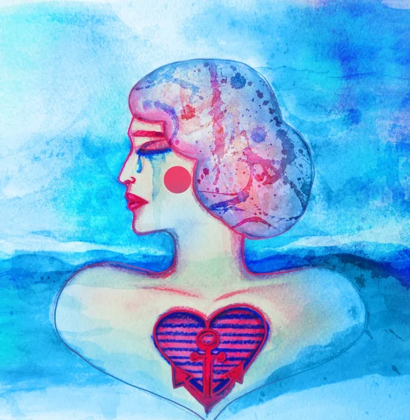 Ілюстрація аквареллю емоцій "жінка і море" — стокове фото