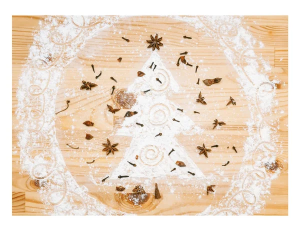 Χριστούγεννα Και Πρωτοχρονιά Φόντο Τροφίμων Fluor Fir Δέντρο Σπείρες — Φωτογραφία Αρχείου