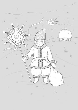 Vektör Ukraynalı çocuk, Noel yıldızı, çanta ve bir kırlangıç karşı kış köyü ile boyama