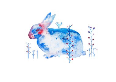 Suluboya illüstrasyon mavi dokulu bunny ve elle çizilmiş çorbaları