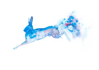 İllüstrasyon mavi tavşan ve su sıçramalarına atlama suluboya