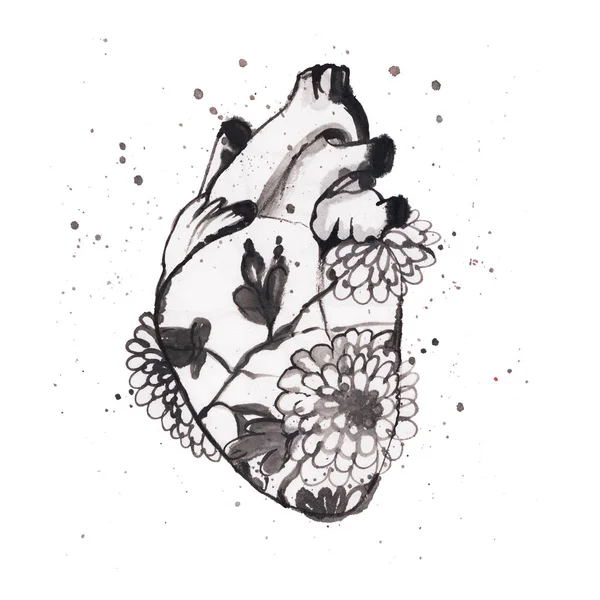 Corazón Negro Tinta Papel Arroz Ilustración Dibujada Mano Estilo Oriental — Foto de Stock