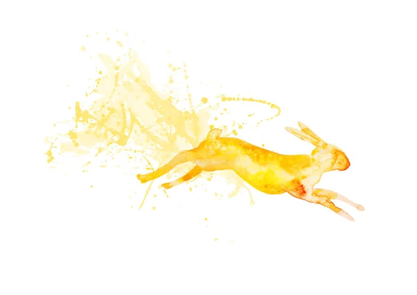 Акварельна Ілюстрація Стрибком Жовтого Кролика Яскравими Бризками — стокове фото