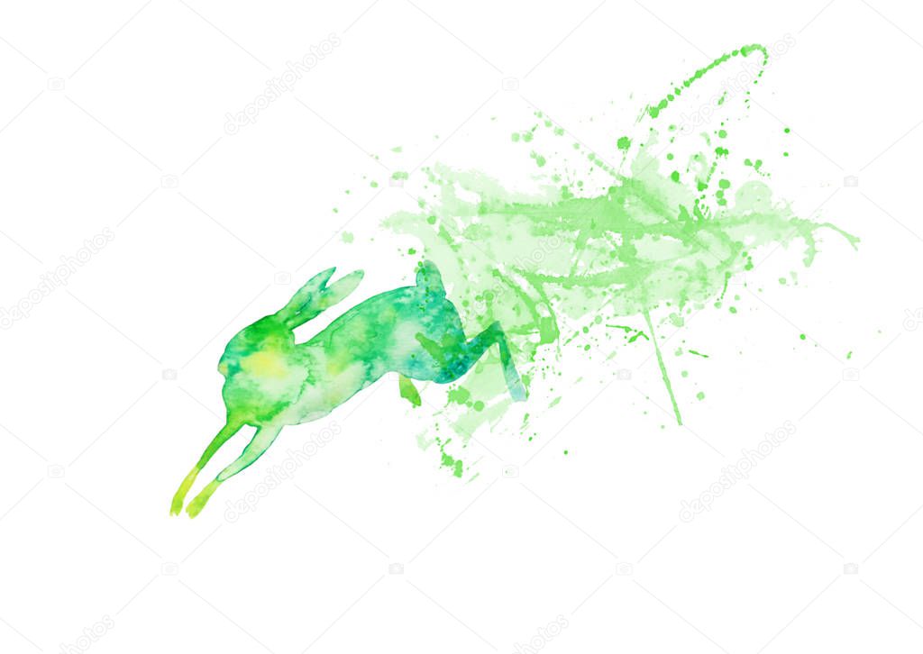 Watercolor jumping green rabbit with splashes