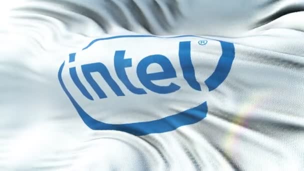 Intel Σημαία Κυματίζει Στον Ήλιο Αδιάλειπτη Βρόχο Ιδιαίτερα Λεπτομερή Ύφασμα — Αρχείο Βίντεο