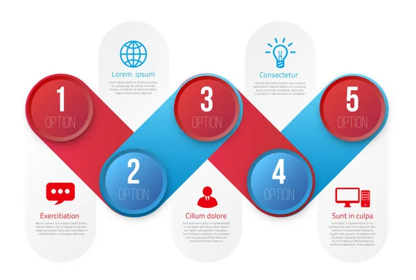 Infographies avec 5 étapes ou options bleu et rouge — Image vectorielle
