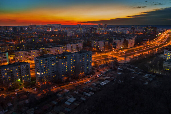 Samara city night view. Cityscape with living houses and commercial buildings