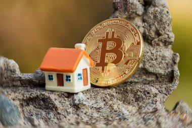 Sikke bitcoin bir arka plan üzerinde oyuncak ev
