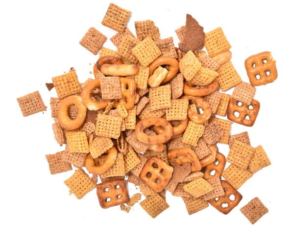Crunchy party mix on white background — Stock Photo, Image