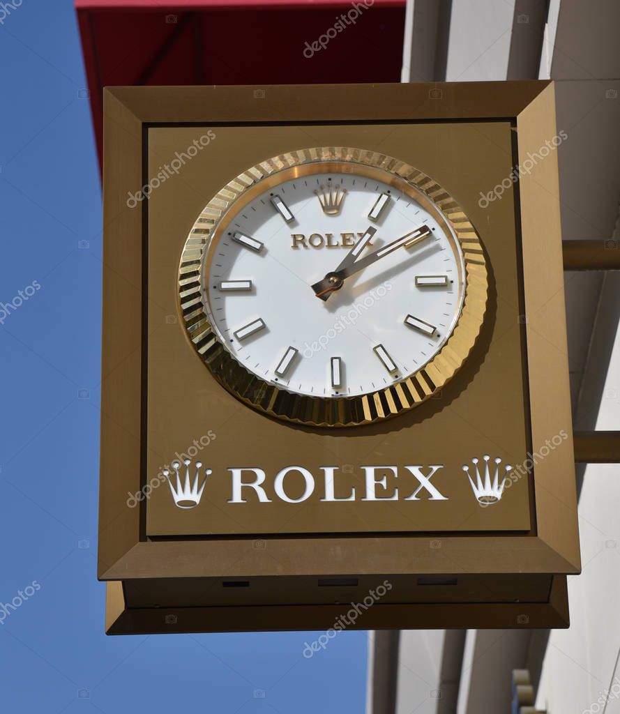 BEVERLY HILLS, CA/USA - OCTOBER 29, 2019: The Rolex watch clock in Beverly Hills California