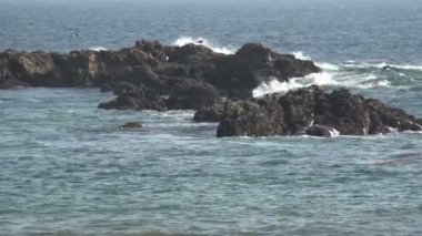 Okyanus dalgaları okyanusta ağır çekimde kayalara çarpıyor.
