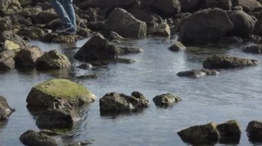 Pasifik Okyanusu 'nda güzel bir gelgit havuzu boyunca yürüyen bir turist.