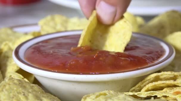 Dipping Tortilla Chip Fresh Salsa Slow — Stock Video