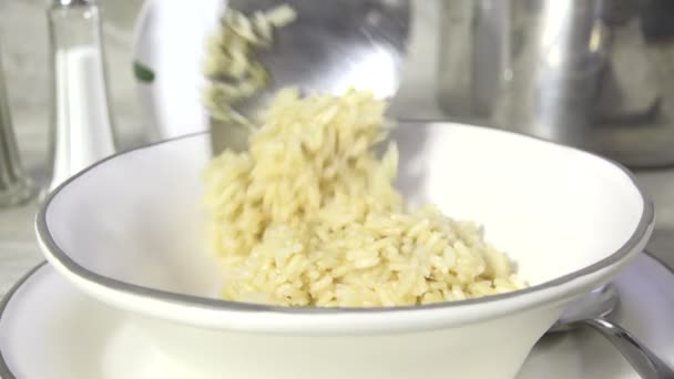 Spooning Hot Rice Bowl Slow Motion — Stock Video