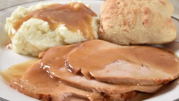 Gourmet Sliced Turkey Mashed Potatoes Gravy — Stock Video