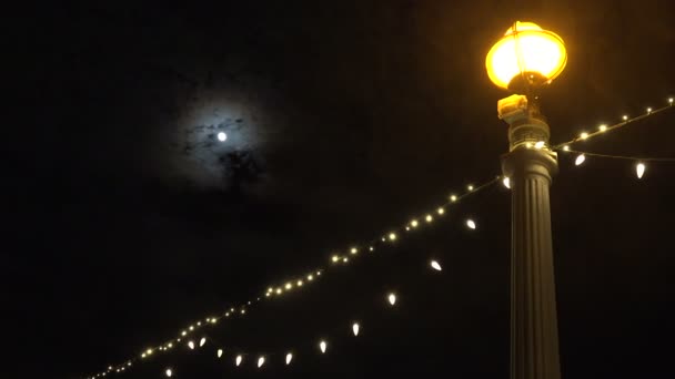 Uma Lua Cheia Além Poste Luz Com Luzes Natal Amarradas — Vídeo de Stock