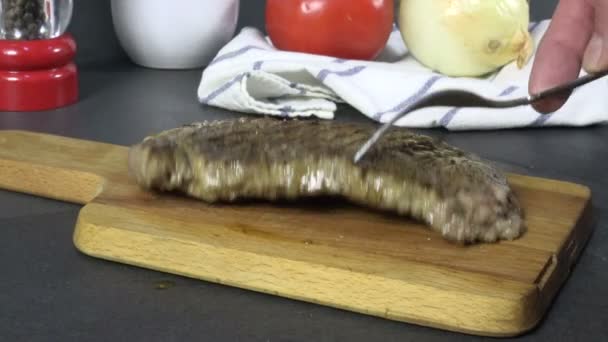 Placing Grilled Rib Steak Cutting Board Slice — Stockvideo