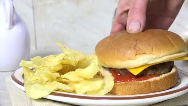 Een Hapje Eten Uit Een Cheeseburger — Stockvideo