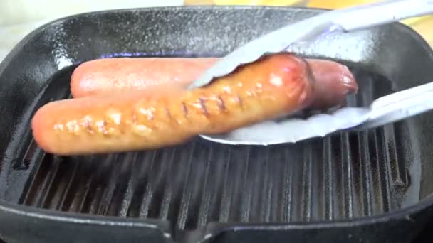 Turning Hot Dogs Grill Slow Motion — Stock Video