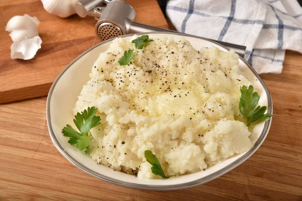 Bowl Garlic Mashed Potatoes Garnished Parsley — Stock Photo, Image