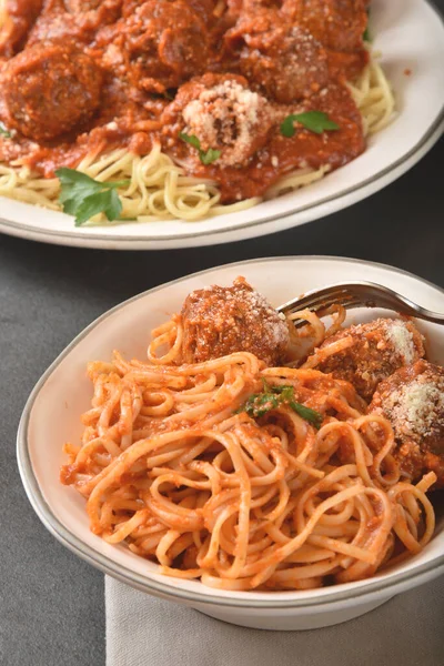 Closeup Bowl Spaghetti Meatballs Fork — Stock Photo, Image